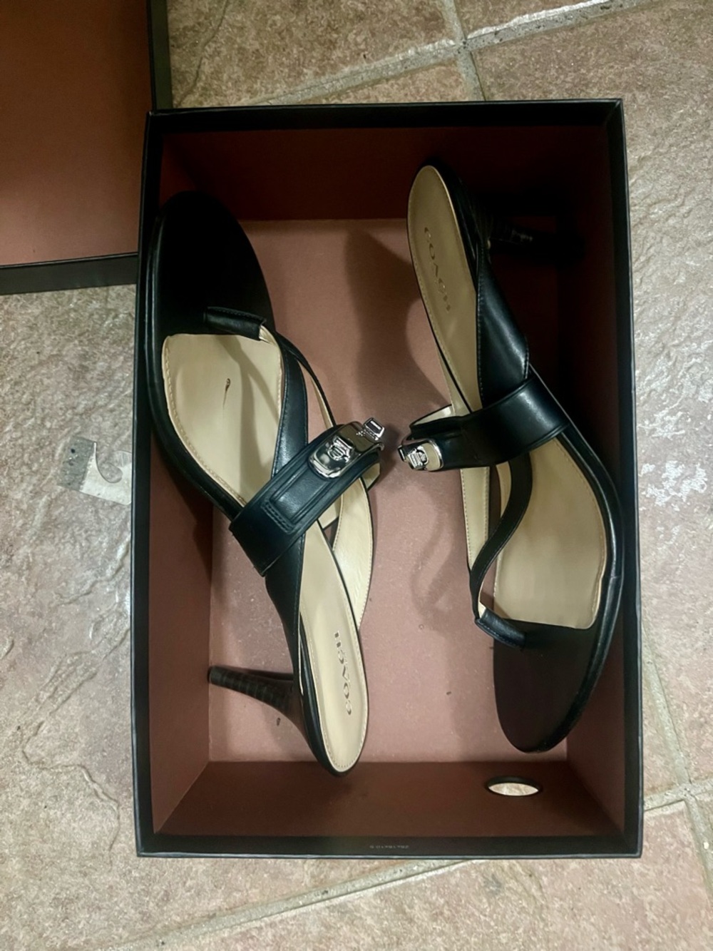 Coach Black Leather Thong Sandals with Silver Logo Accent - Picture 4 of 5